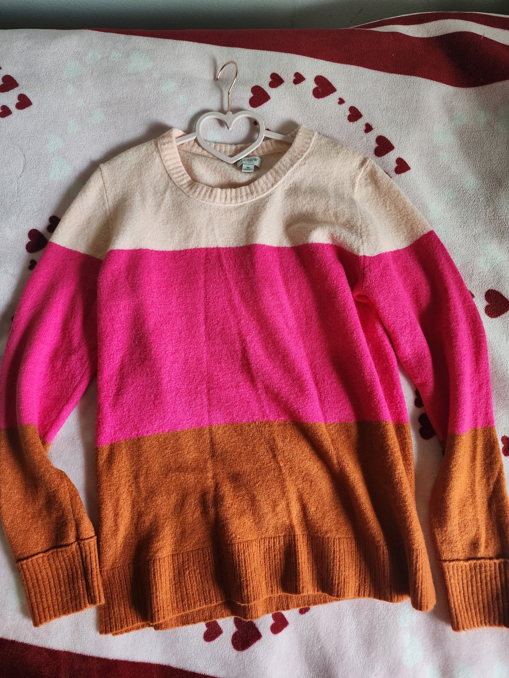 J. Crew Colorblock Crewneck Sweater in Cream, Hot Pink & Brown